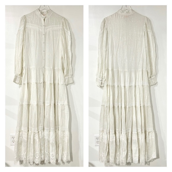 Rococo Sand Tiered Lace Metallic Long Sleeve Maxi Dress Cream S - Picture 1 of 5